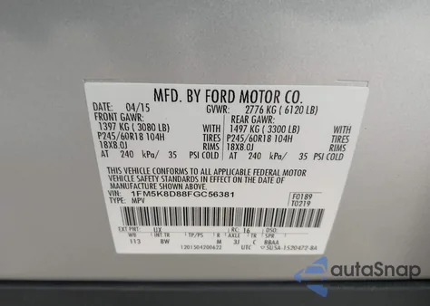 2015 Ford Explorer Xlt from USA, damaged, VIN 1FM5K8D88FGC56381